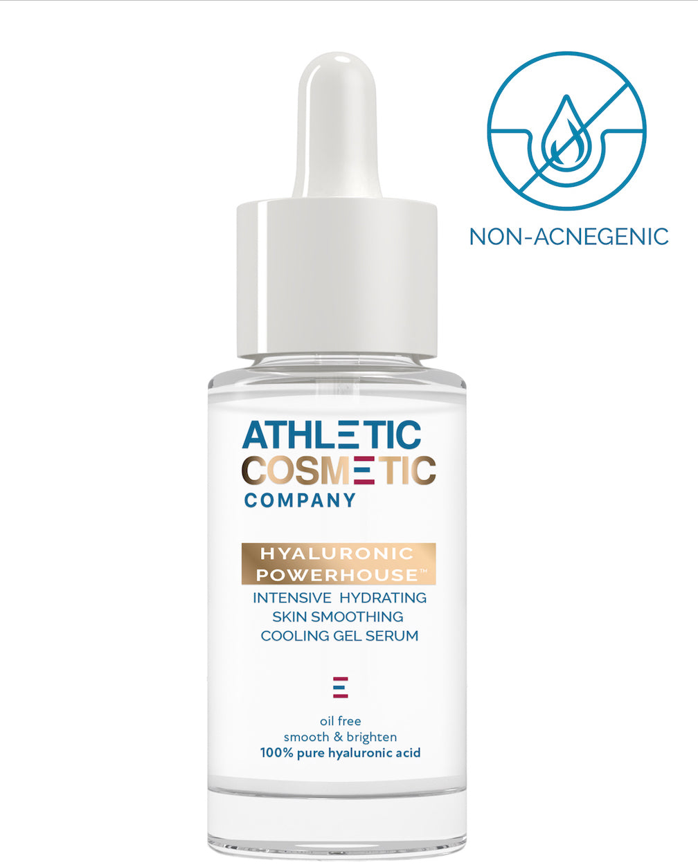 ATHLETIC COSMETIC COMPANY. HYALURONIC POWERHOUSE. INTENSIVE HYDRATING SKIN SMOOTHING COOLING GEL SERUM. Oil free, smooth &amp; brighten, 100% Pure Hyaluronic Acid. NON_ACNEGENIC