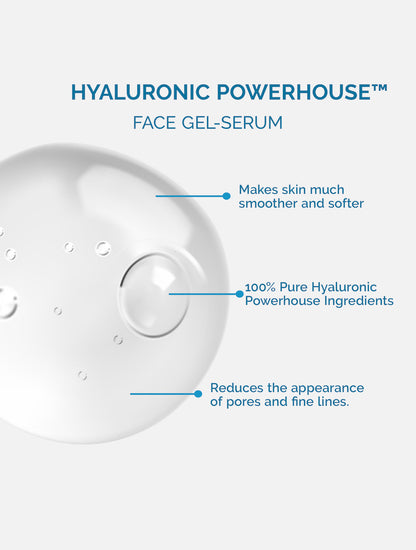 HYALURONIC POWERHOUSE FACE GEL SERUM. Makes skin much smoother and softer. 100% Pure Hyaluronic Powerhouse Ingredients. Reduces the appearance of pores and fine lines.